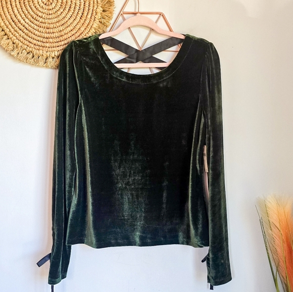 Anthropologie, New Hunter Green Velvet Lace-up Open Back Shirt Top Size Large - Picture 2 of 13
